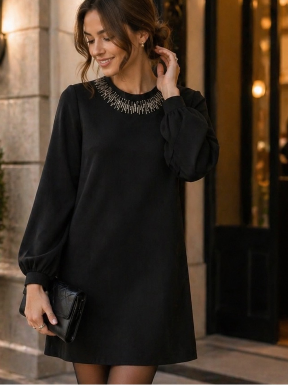 Zara Black Beaded Collar Shift Dress Minimal Chic Long Sleeve Size M NWT